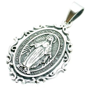 925 Silver Mysterious Medal Virgin Mary Antique Pendant Top Mm Arabesque Miraculous Medal [Silver One] Men's