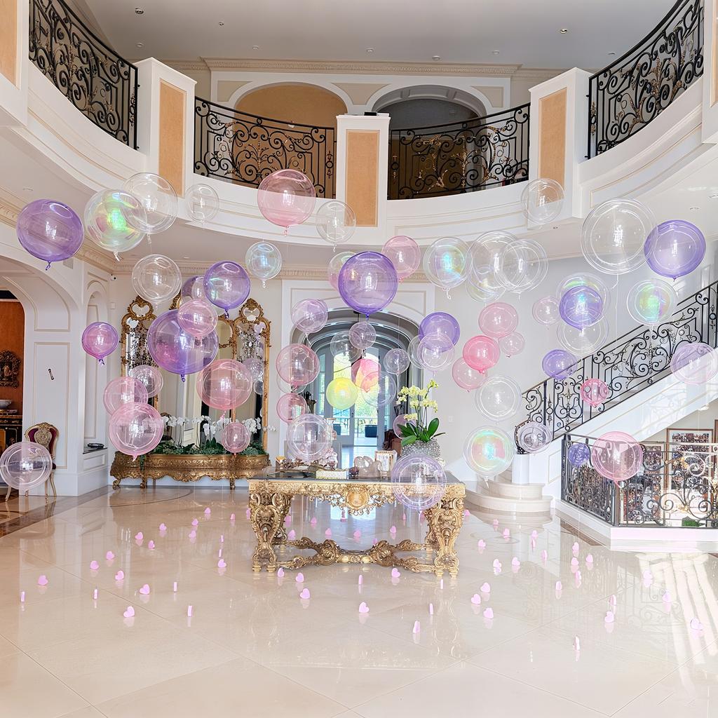 Rainbow 4D Round Aluminum Foil Balloon Transparent Crystal Popo Balloon Set, Used for Wedding, Birthday Party Shower Decoration
