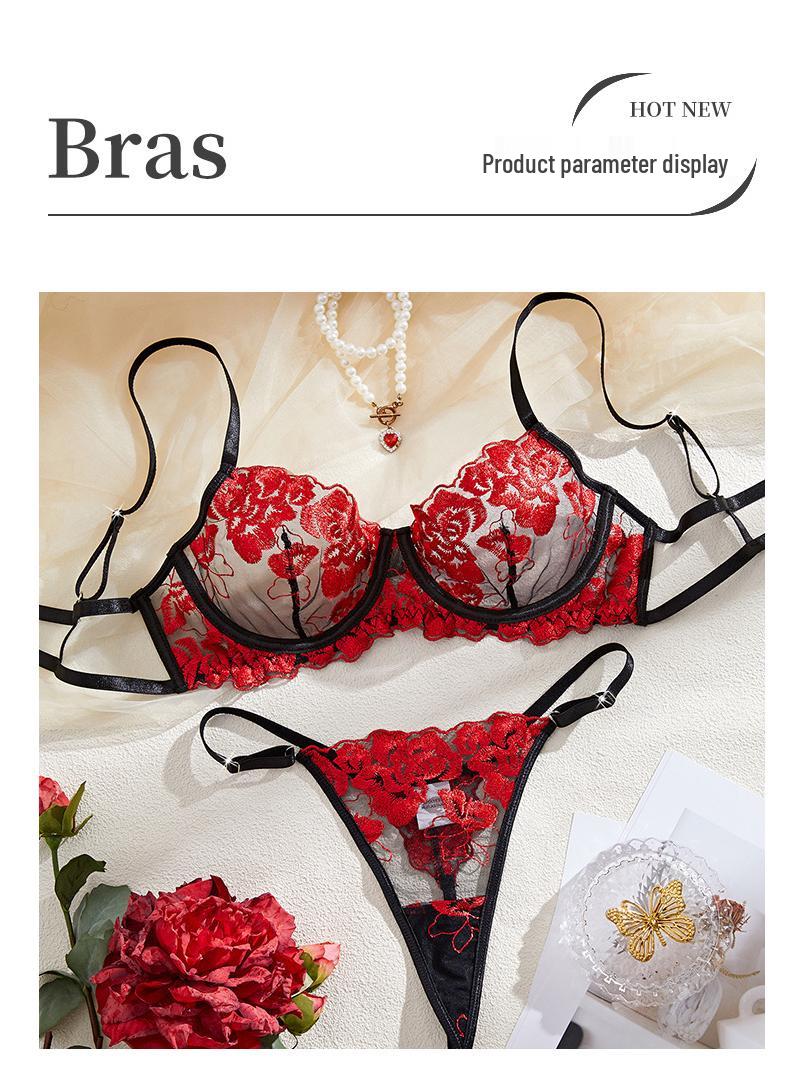 

2025 Красный Вышитый Сексуальный Пуш-Ап Комплект Бюстгальтера и Стрингов - Европейский и Американский Стиль Large красный