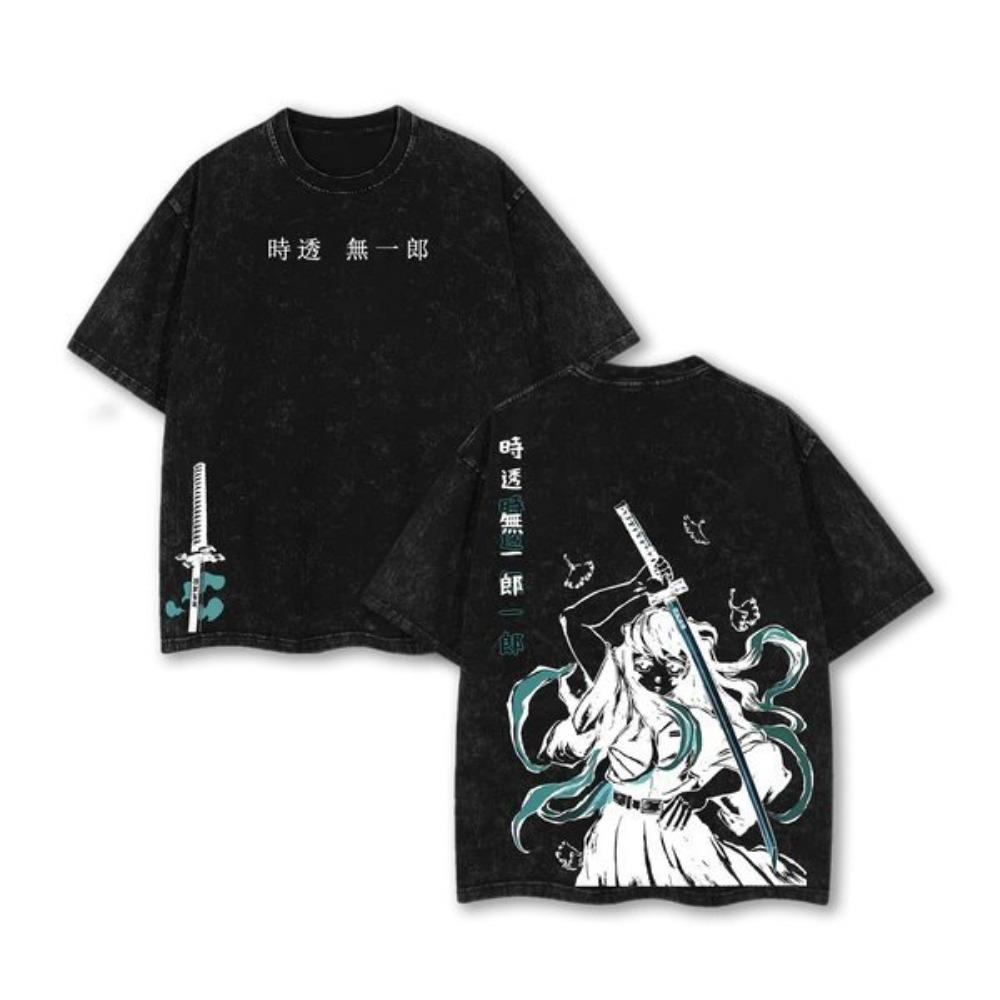Retro Kamisama No Bizen Washed T-shirt for Daily Wear Street Style Anime Print T-shirt Men's and Women's Short Sleeve