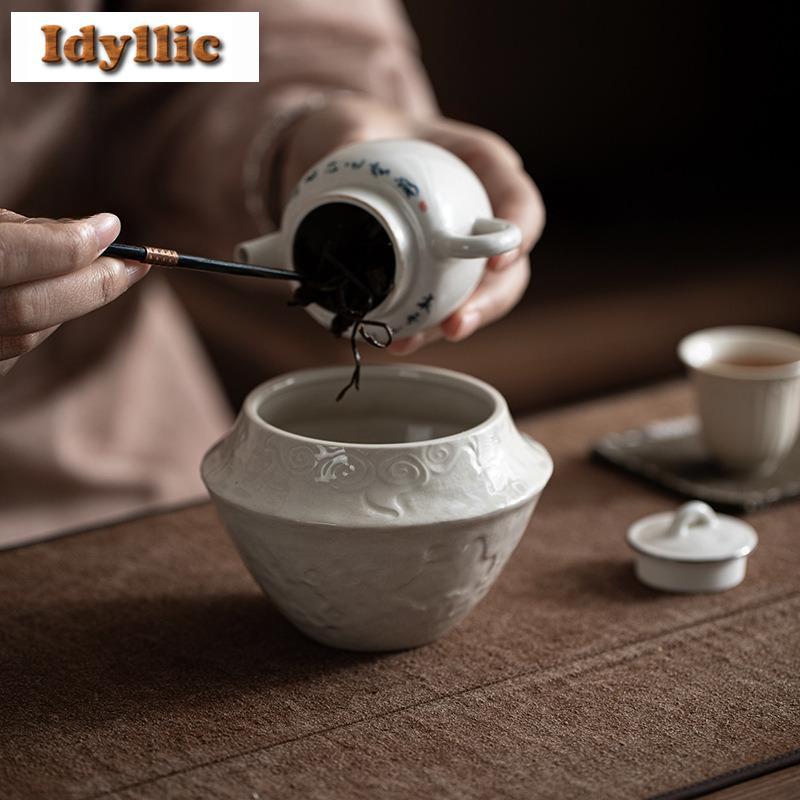 420ml Handmade Relief Plant Ash Jianshui Tea Wash Bowl Tea Dust Cylinder Barrel Household Chaxi Tea Set Supplies Decoration Gift