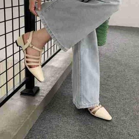 French Pointed Hollow Bag Head Sandals Women'S Summer Woven Thick Heel Temperament With Skirt Roman Shoes