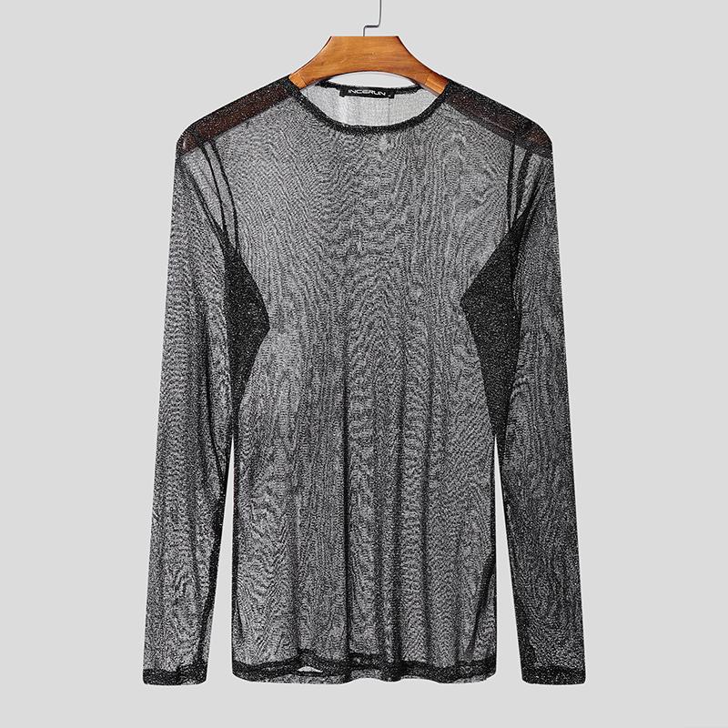 

INCERUN Men O-neck Long Sleeve Mesh Sheer Glitter Fitted Party T-shirts 3XL чёрный