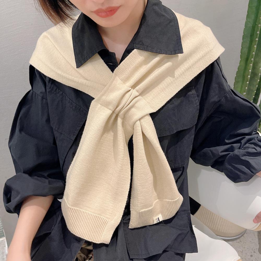 Four seasons solid color knitted small shawl scarf scarf women's cross collar sweet wind multi-color versatile decoration warm