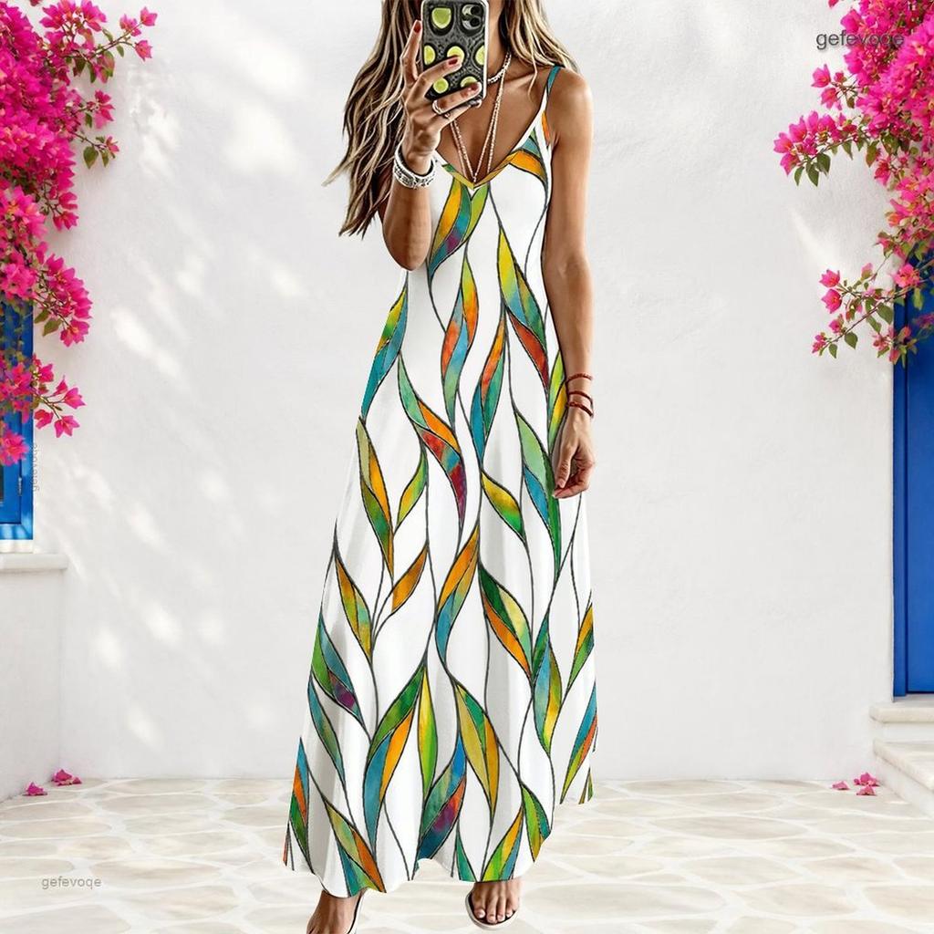 Women Plus Size Spaghetti Strap V Neck Sleeveless Green Blue Printed A Line Long Dress
