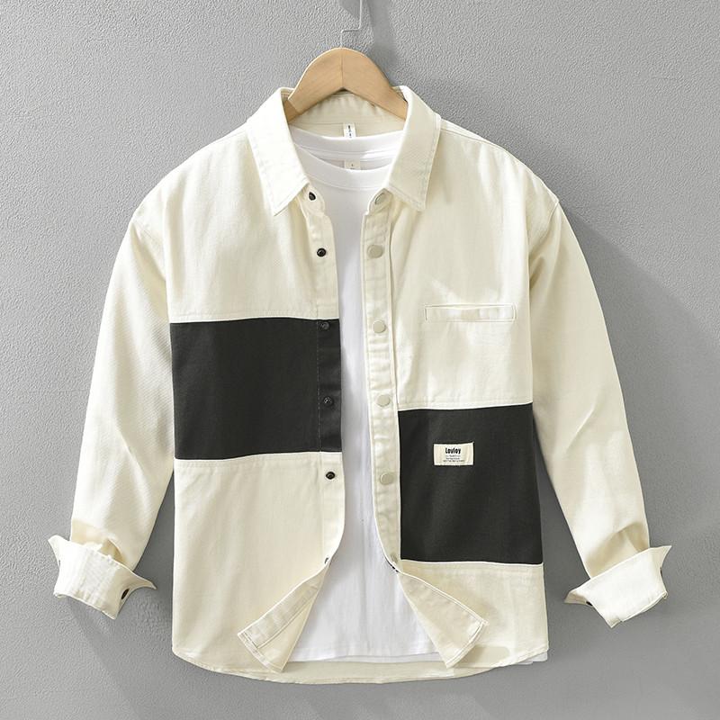 Men's Spring/Fall American-Style Patchwork Color-Blocked Long-Sleeve Shirt—Youth Workwear Casual Shirt Jacket