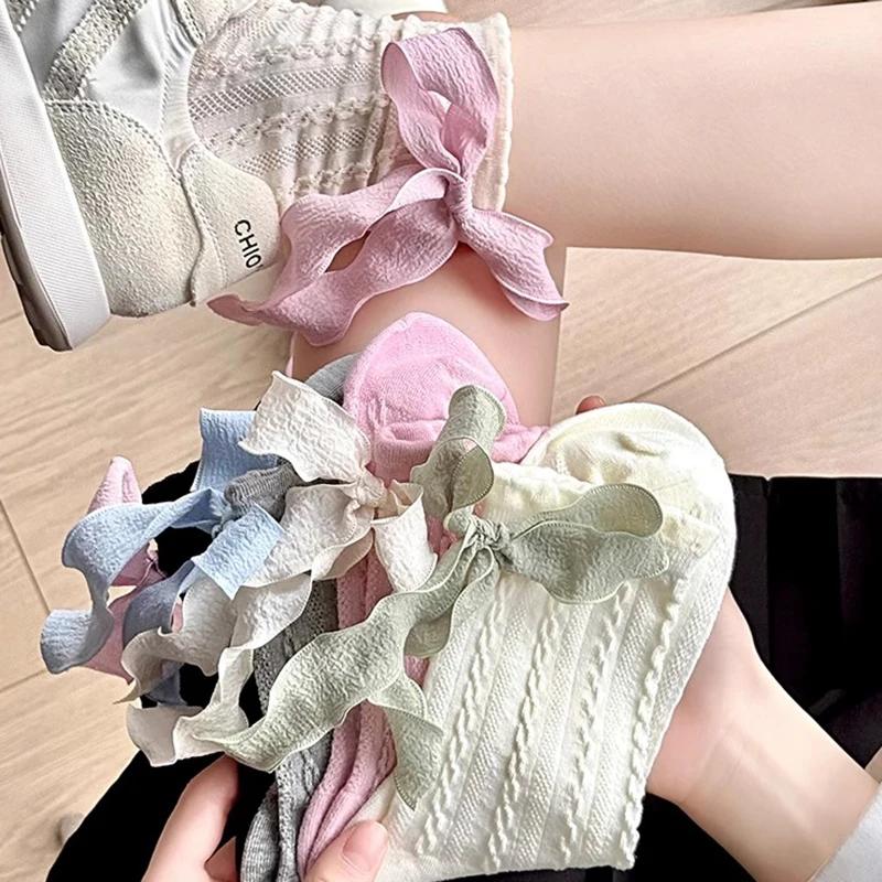 Heel Ribbon Bow Socks Children in Summer Thin Sweet Girl Lolita Socks Women Fried Dough Twists Pattern Tube Socks Absorb Sweat