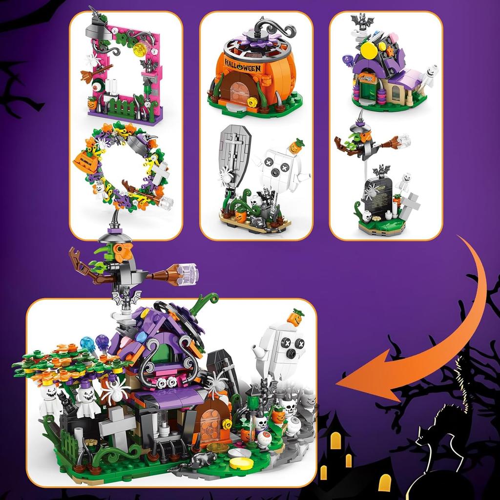 6 in 1 Halloween Prank Haunted House Small Particle Building Blocks Set Assembly Model Puzzle Toy Holiday Gifts for Children