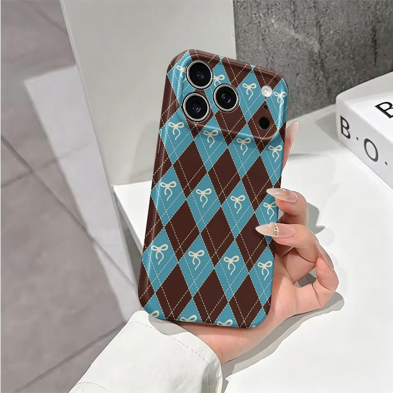 Cozy Brown Teal Argyle Bow Pattern Art Graphic Film Aesthetic Protective Shockproof Bumper Phone Case Cover For iPhone 14 15 16 Pro Max Plus