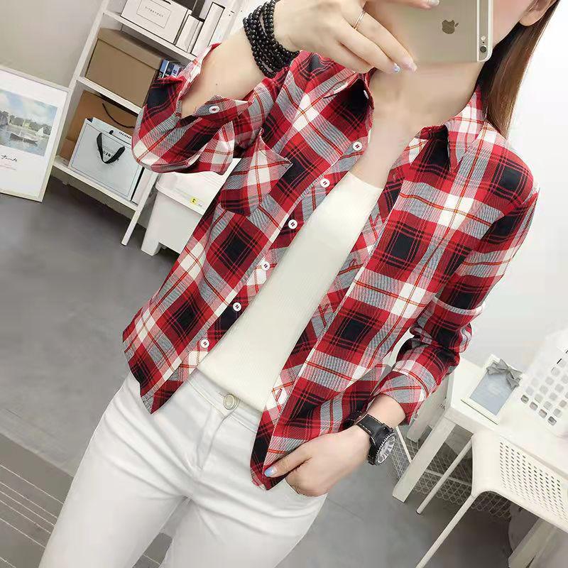Women's Korean Style Plaid Shirt, Long Sleeve, Loose Fit, College Style Outerwear, 2025 Spring/Autumn Collection