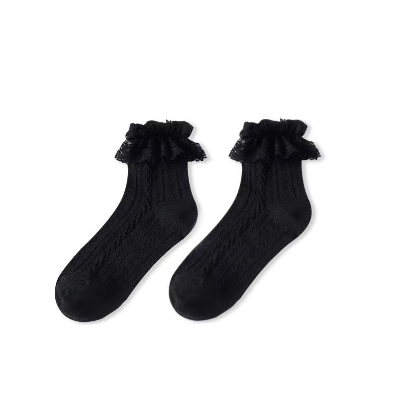 6 Pairs Woman Socks Solid Black White Lolita Lacework Ruffle Socks Summer Thin Japanese Style Kawaii Sweet Girls Short Socks