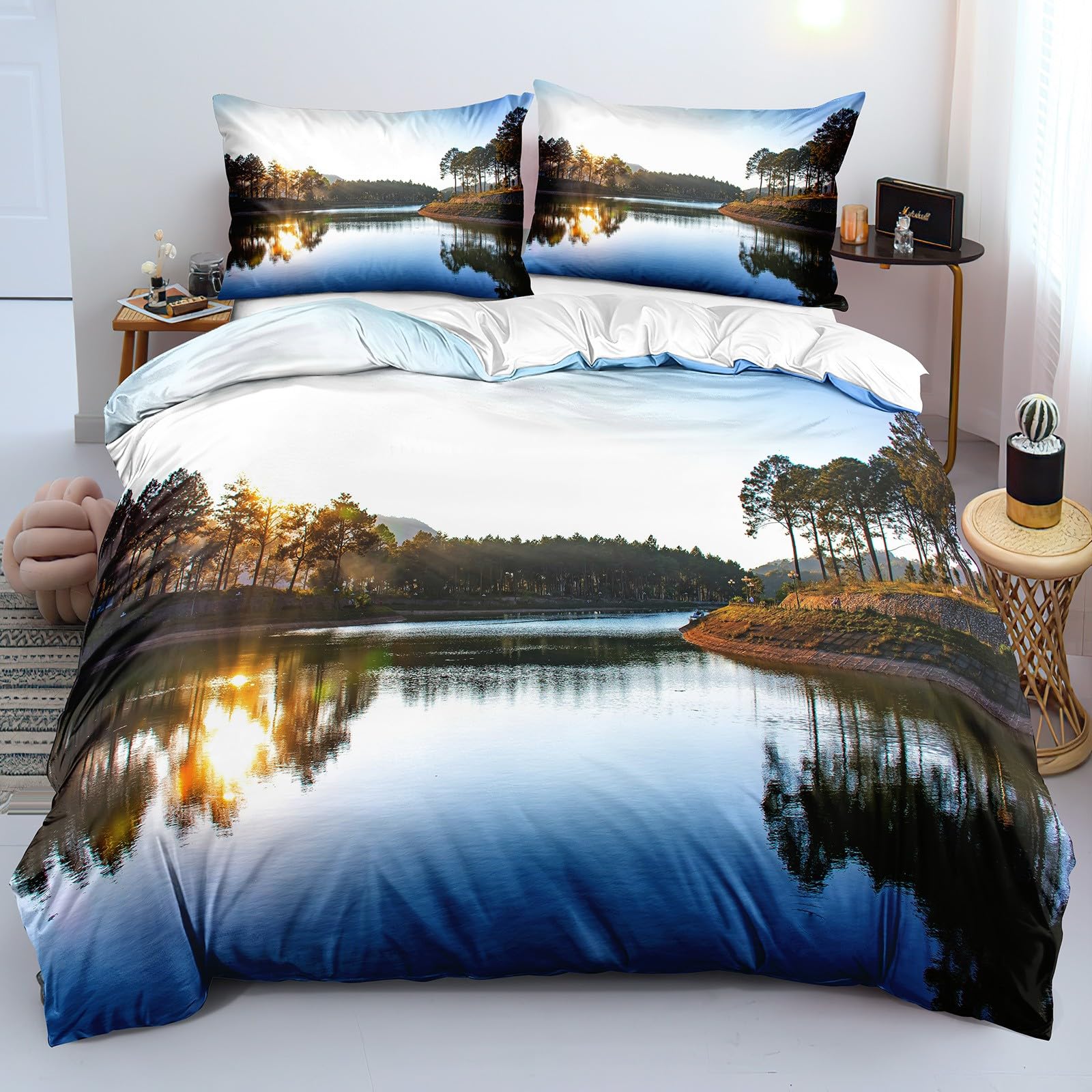 

Lake Down Duvet Cover Set King Size Landscape Stone Pattern Quilt Set Teenager Adult Natural Scenery Theme Bedding 3-Piece Set EU Single(135x200cm)