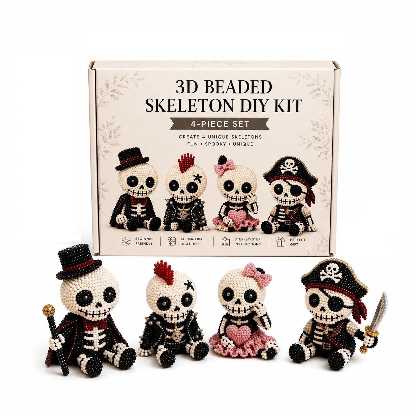 3D Beaded Skeleton DIY Kit Four Piece Set Handmade Miniature Skeleton Bead Craft Kit for Creative Assembly and Display One Size
