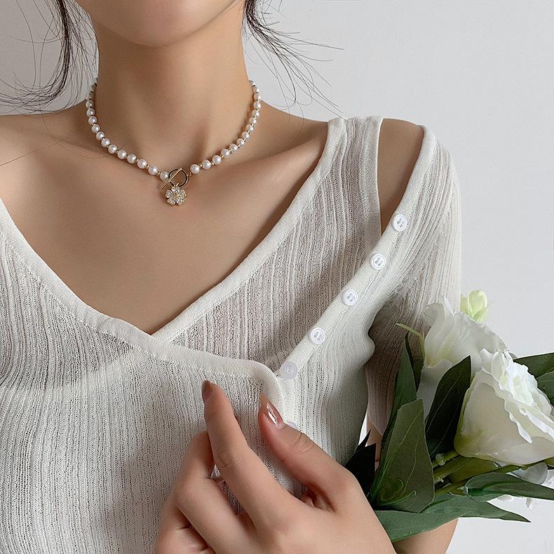 Zircon Flower Pearl Necklace Niche Design Sense 2025 Clavicle Chain Summer Versatile OT Buckle Accessories