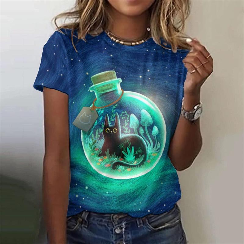 Women's T-shirt Casual 3D Printed Top Night Cat Cartoon T-shirt T-shirt