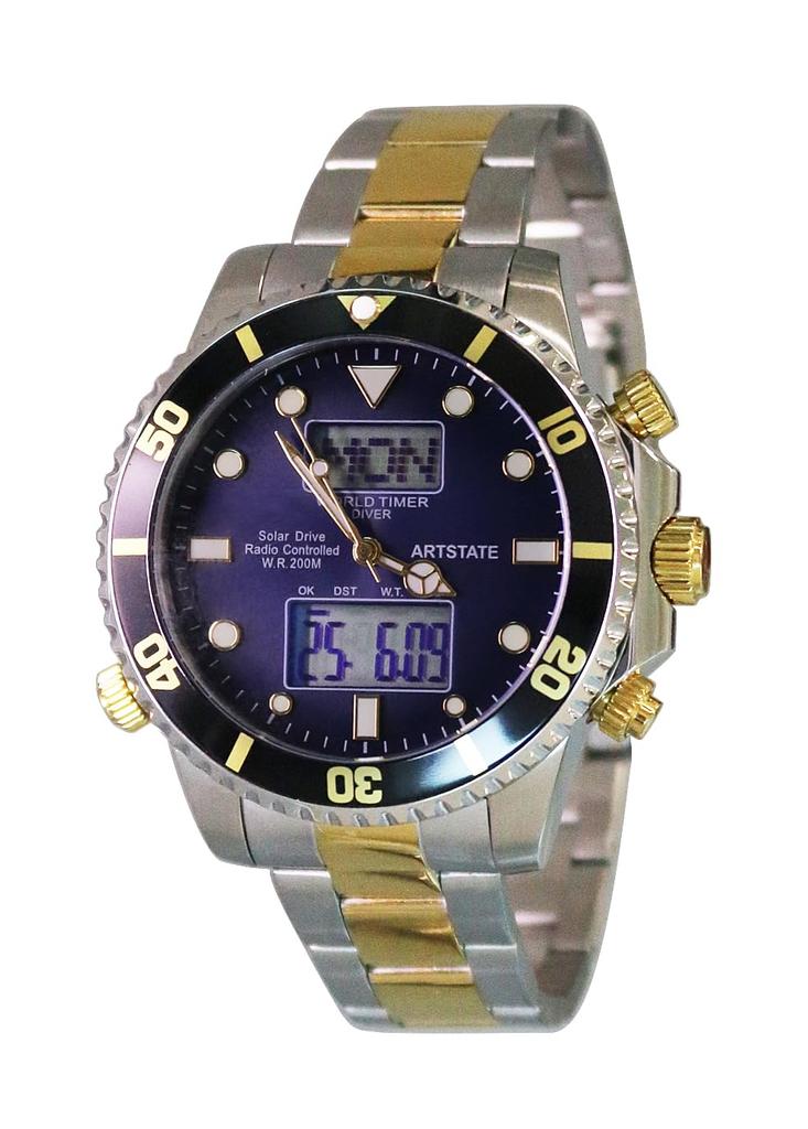 Solar Datum und Tag Welt USB-Ladegerät 20 ATM Wasserdichtigkeit und [ARTSTATE AS3210] Herren Funkuhr, Anzeige, Zeit, Inklusive, (Gold