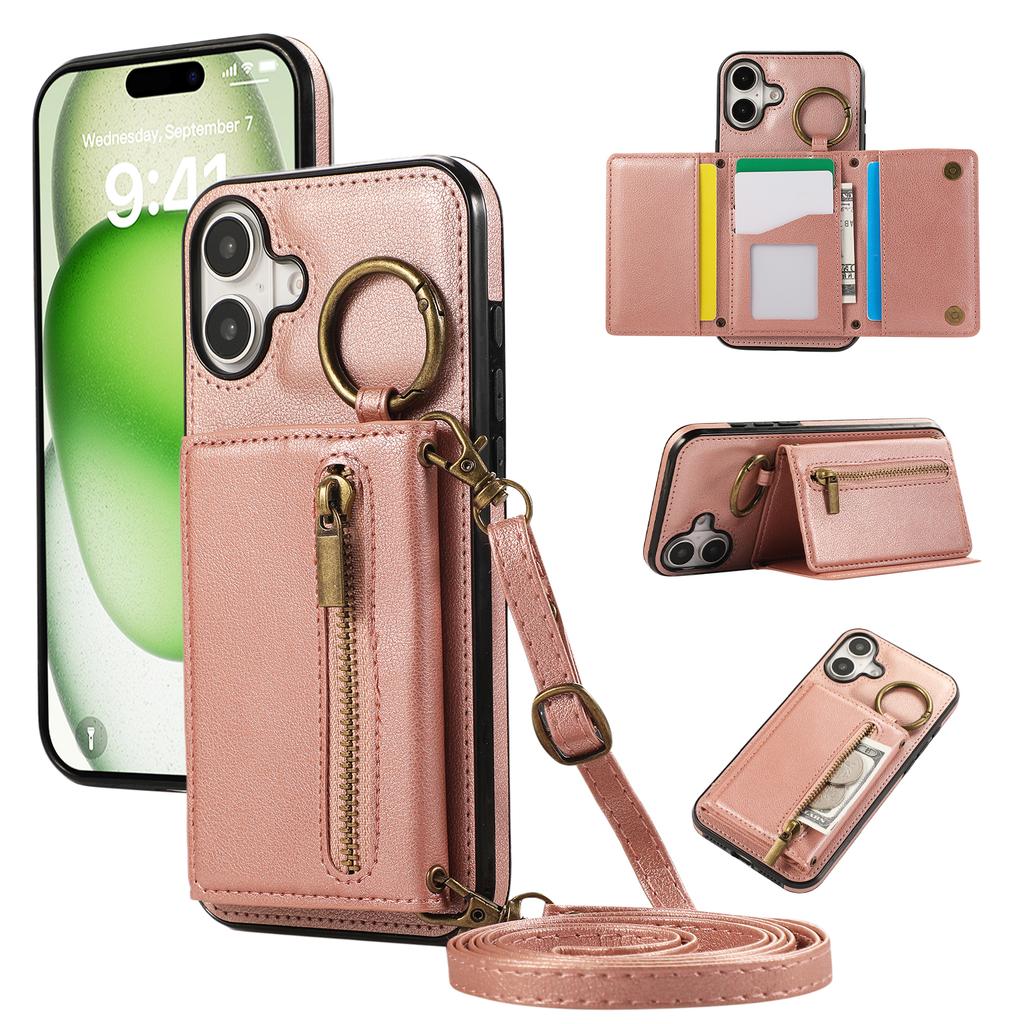 For iPhone 16 Leather Back Cover Zipper Wallet Kickstand Phone Case with Shoulder Strap