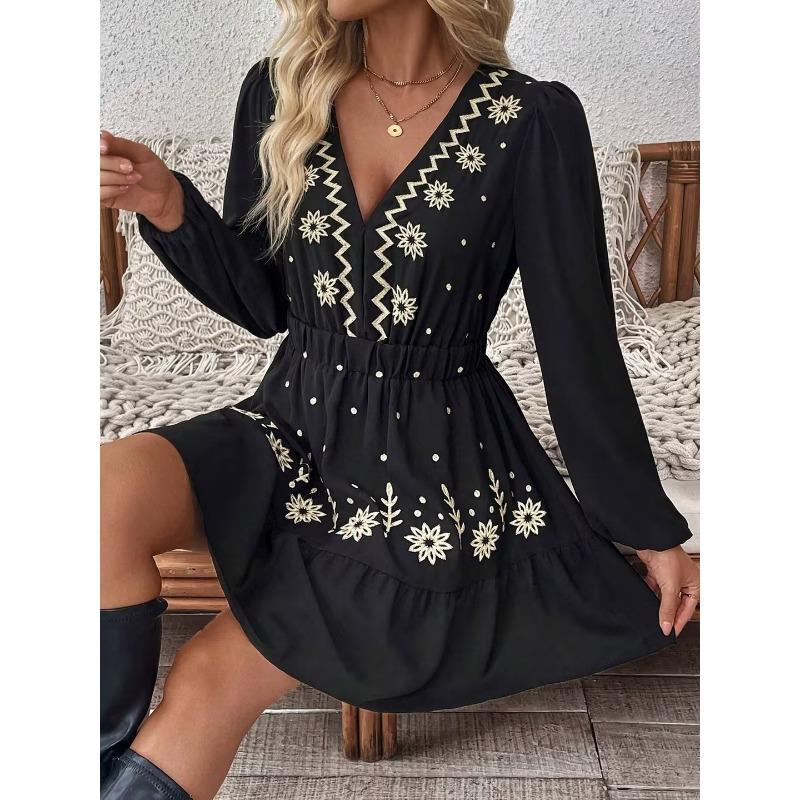 Damen Frühlingsdruck Tiefes V Sexy Modekleid