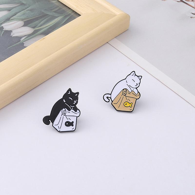 Feed Myself Enamel Pins Cute Black White Cat Dried Fish Bag Brooches Lapel Badge