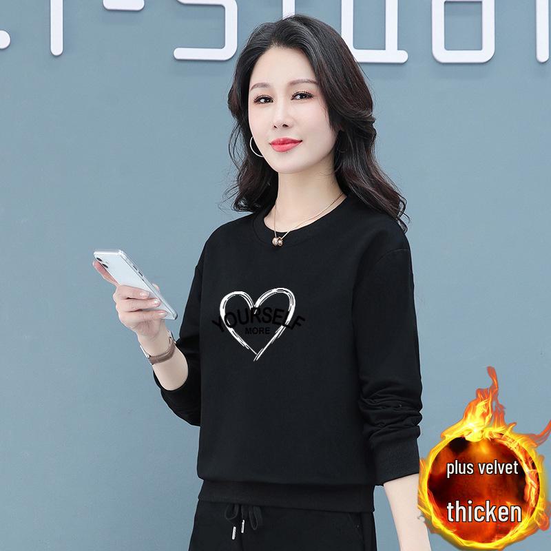 Women's Black Plus Velvet Sweatshirt: New Loose Fit for Autumn & Winter