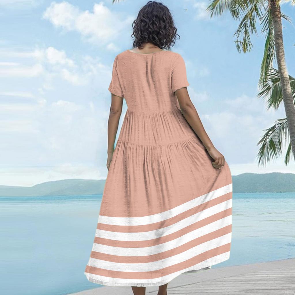 Women's Casual Loose Bohemian Striped Printed Short Sleeve Dress