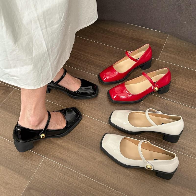 Fashion 2025 Line with High Heels Thick with Mary Jane Single Shoes 2025 New Square Head Large Size Women French Red Shoes