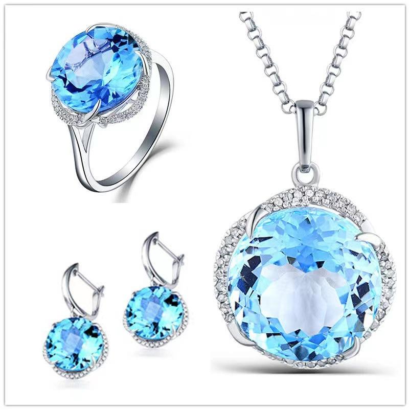 

Модные ювелирные изделия из стерлингового серебра 925 пробы с небесно-голубым топазом, женский ювелирный набор из трех предметов 45CM
