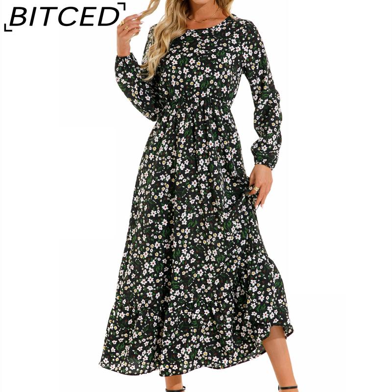 BITCED Spring Summer Bohemian Women Maxi Dress Casual Long Sleeve High Waist Beach Dress Women Floral Chiffon Dresses Vestidoes Mujer New