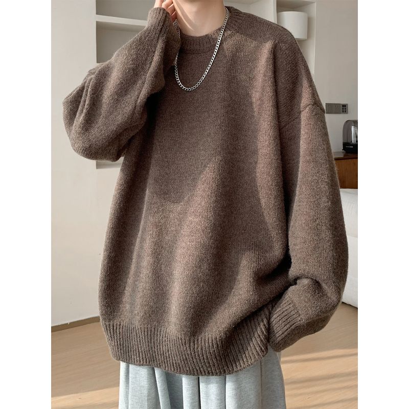 American-Style Lazy Round-Neck Sweater for Men, Winter Trendy Vintage Couple Knitwear, Retro Solid Color Pullover