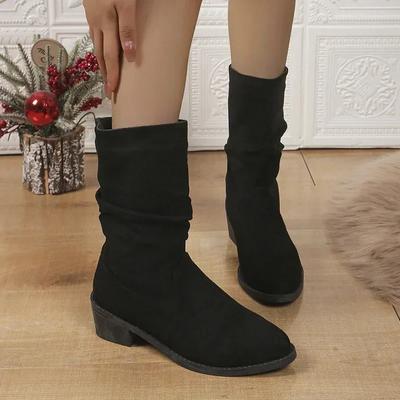 Women's Shoes On Sale Sleeve Women's Boots Autumn Round Toe Suede Solid Middle Tube Chunky Heels Fashion Boots Zapatos De Mujer