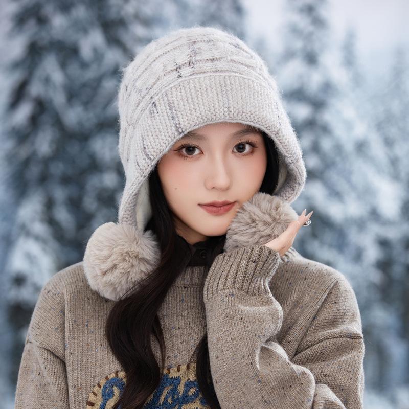 Hat for Women In Autumn and Winter Casual Versatile Tie Dye Wool Hat Outdoor Plus Velvet Thickened Cold Warm Hat Cute Fur Ball Hat