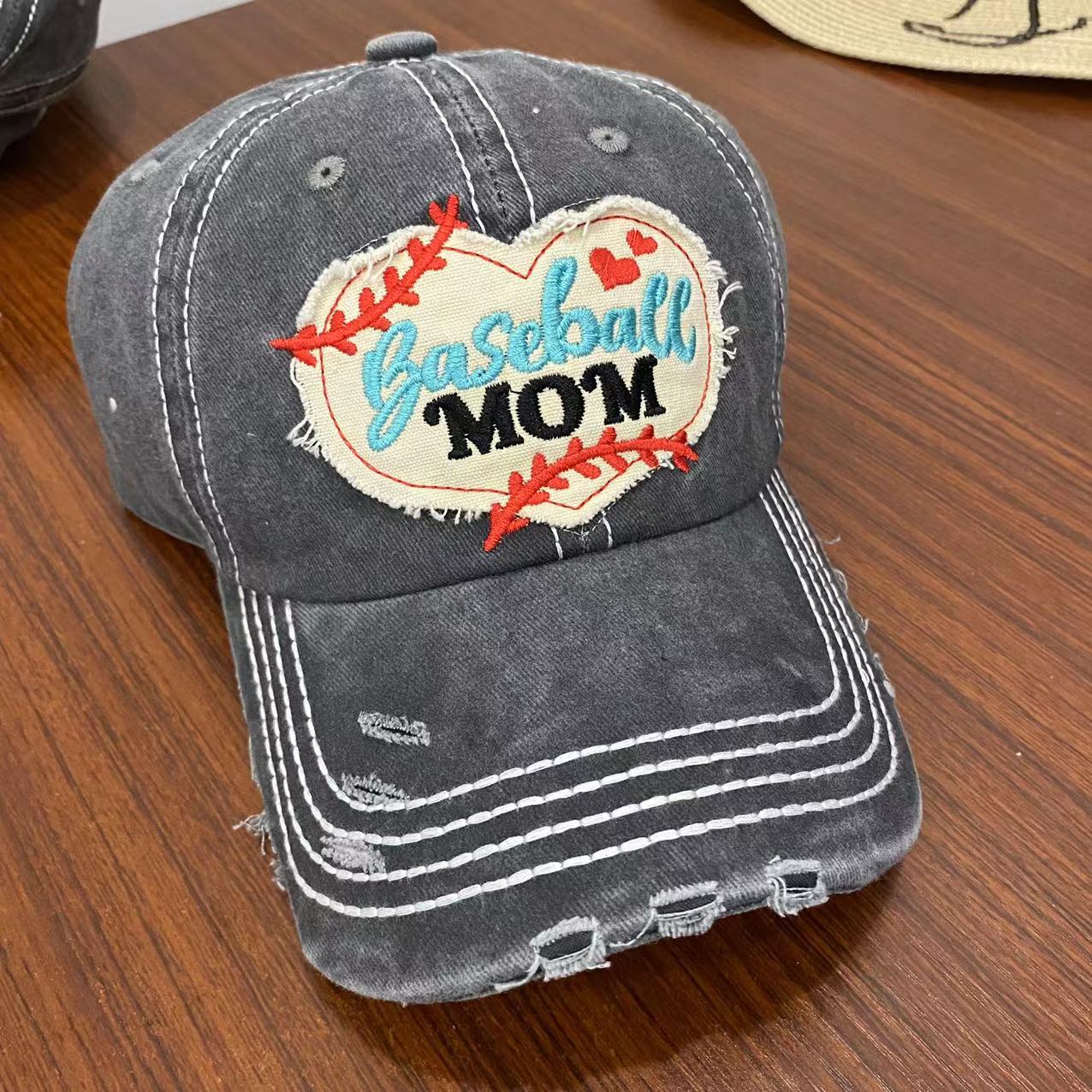 Patch Baseball Mom Distressed Washed Hat Dark Gray