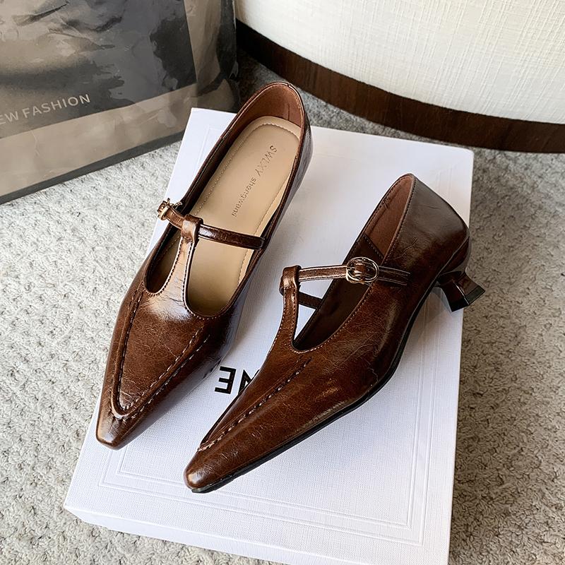 

Leisure Fashion Pumps Woman Slip on Strange Mid Heels Pointed Toe Women Shoes Solid Leather Square Buckle Mary Jane Shoes Woman 40 коричневый