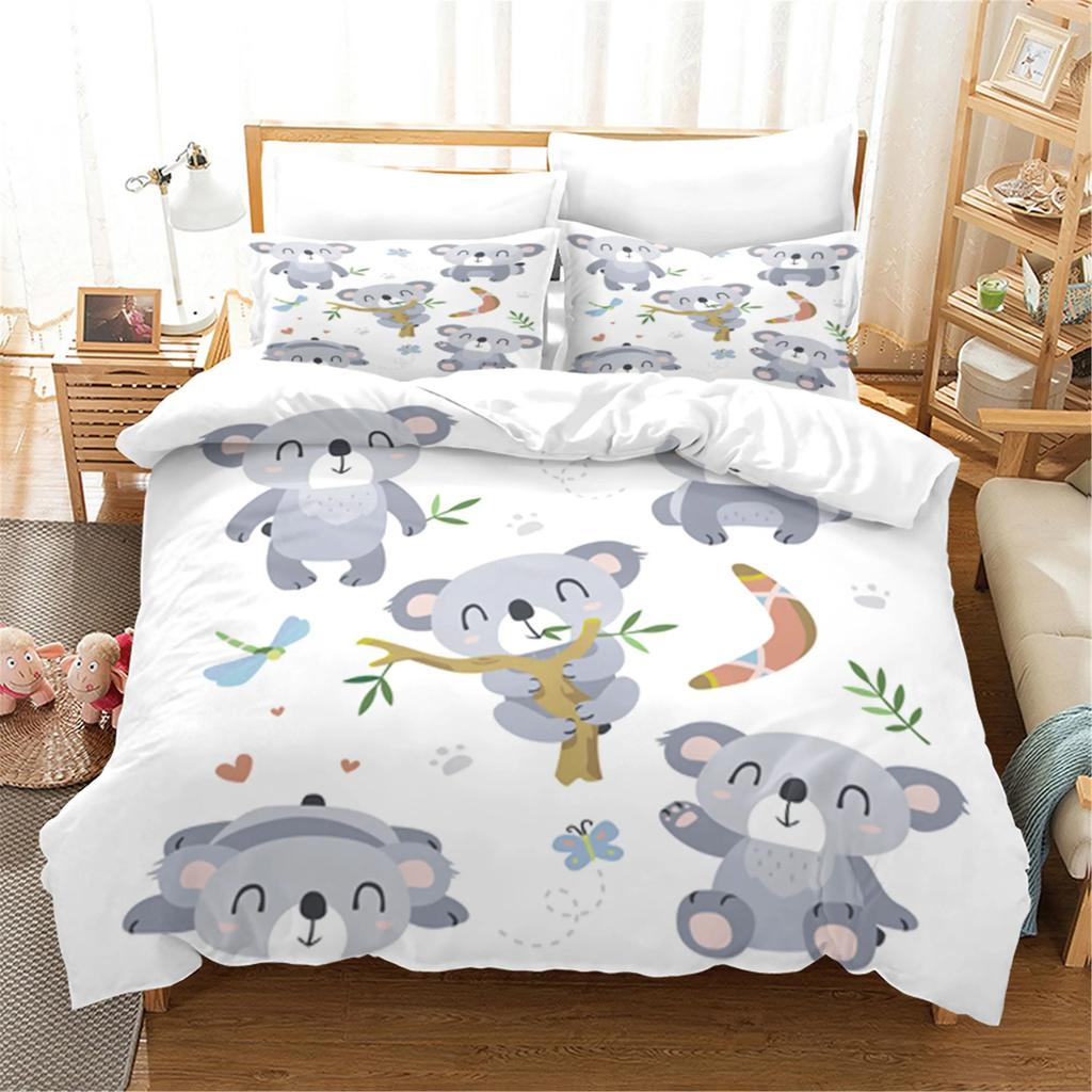 Cartoon Koala Bettbezug King Queen Liebliches Tier Bettwäsche-Set für Kinder Jugendliche Erwachsene Wildtiere Steppdeckenbezug mit Kissenbezug 2/3-teilig