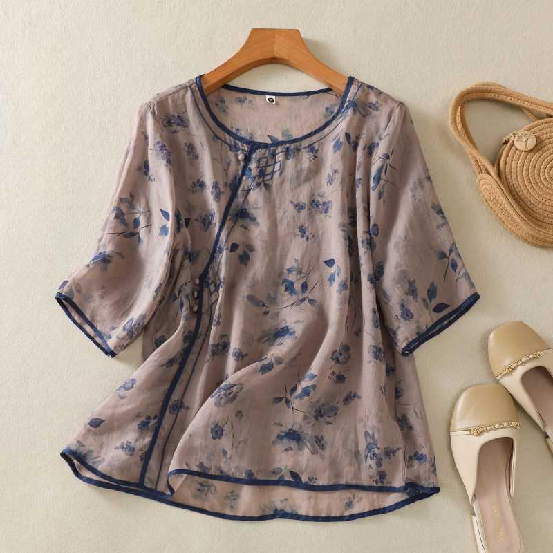 Summer Diagonal Embroidered Thin Artistic Print Loose Versatile Five Quarter Sleeve Top Shirt