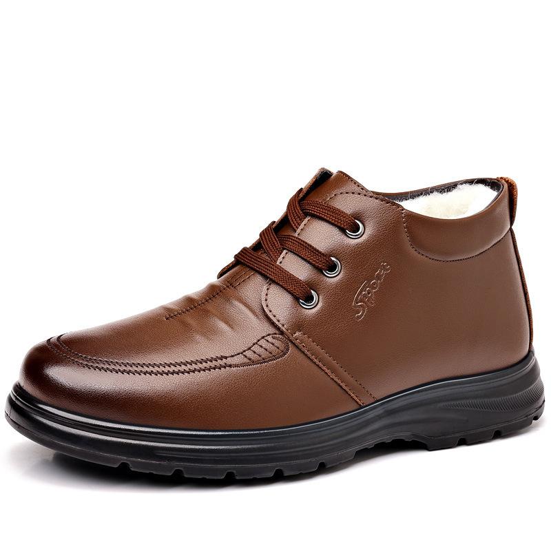 Dad shoes, leather shoes, winter velvet, medium-top lace-up boots, middle-aged and elderly cotton shoes, warm men's shoes