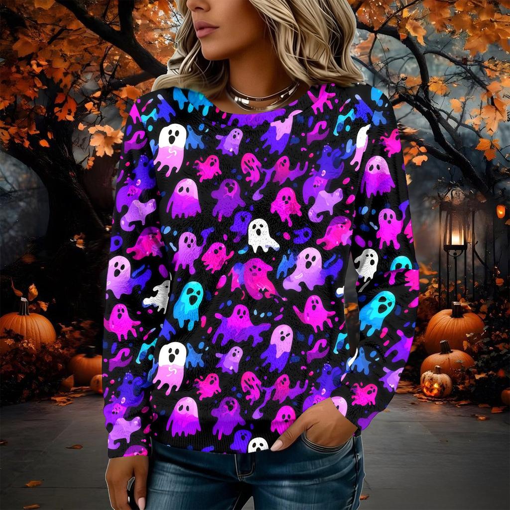 Women's Halloween Flannel Long Sleeve Neck Shirt for Fall Festivals and Daily Wear