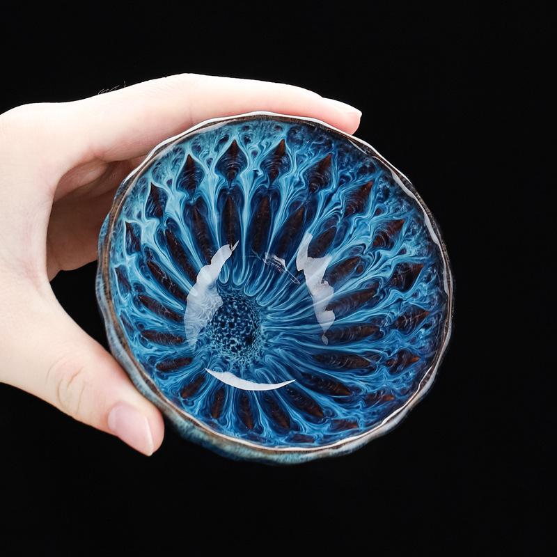 Floral Rim Jian Zhan Tea Bowl Kiln Variation Glaze Ceramic Personal Master Cup for Gongfu Tea Drinking Zen Meditation Gift
