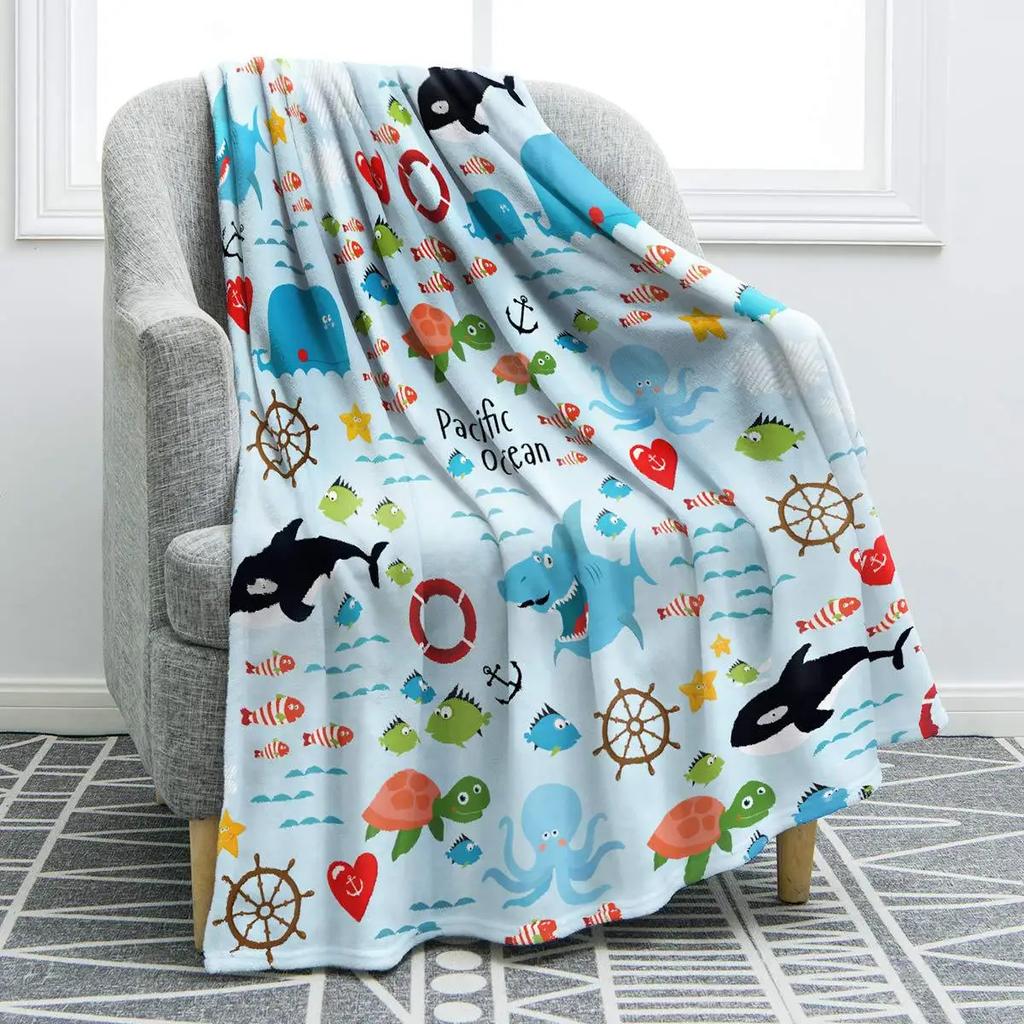Marine animal cartoon animation digitalprinted polyester velvet flannel cover blanket Fleece soft sofa cover blankets for beds