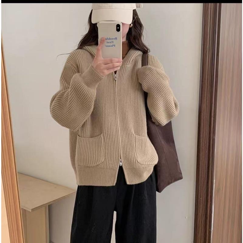 Lazy Wind Hooded Sweater Jacket Women's Autumn and Winter New Loose and Versatile Soft Waxy Long-sleeved Zipper Knitted Cardigan