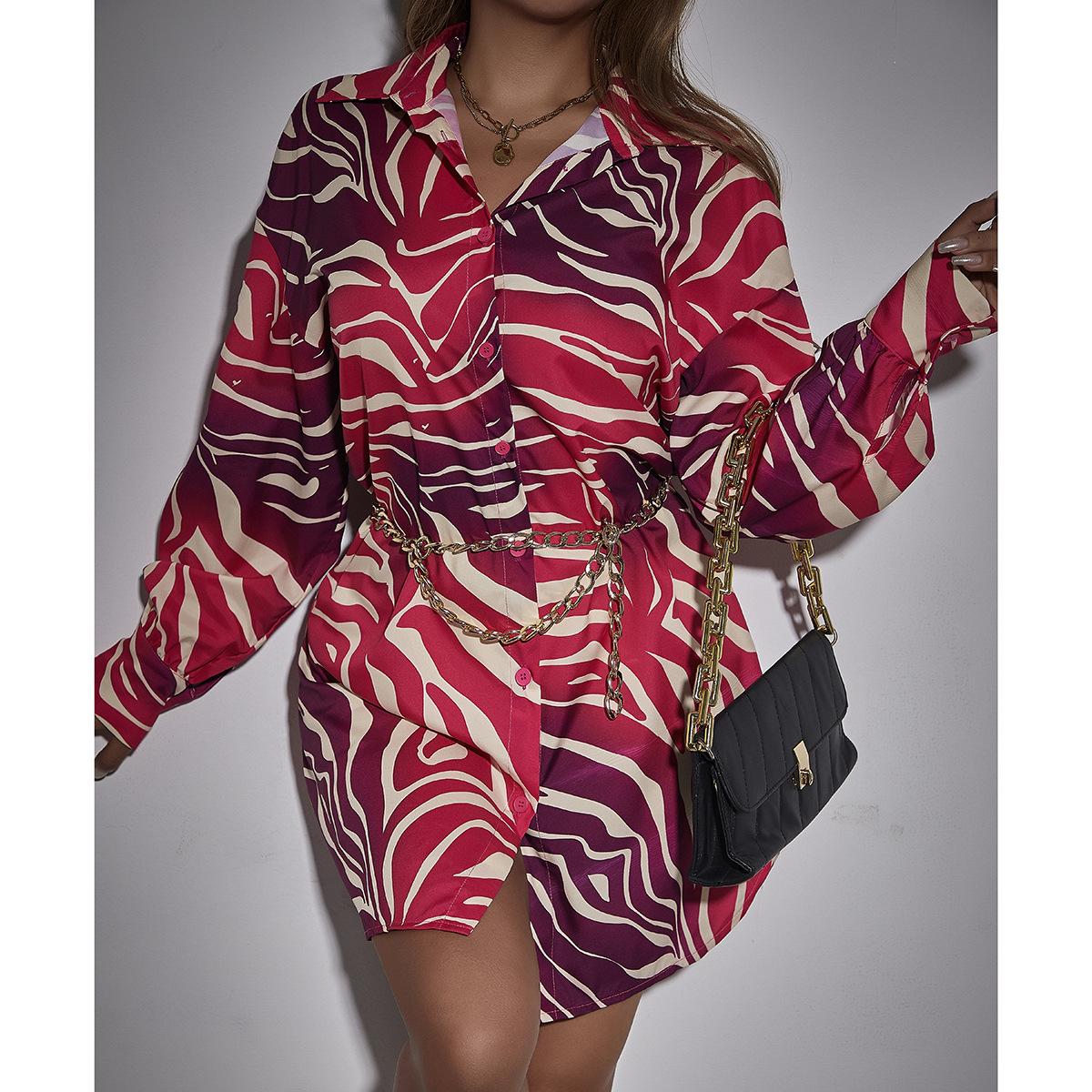 

European and American style autumn new fashion trend printing long-sleeved temperament lapel casual dress women S