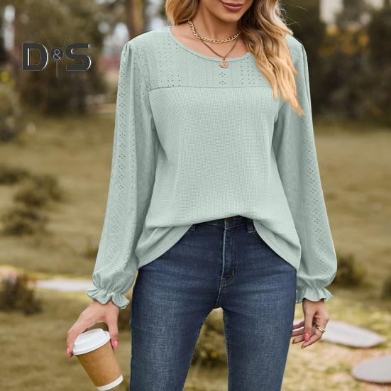 Women Tops Round Neck Puff Long Sleeve Solid Color Tee Shirt with Waffle Decoration Solid Color Loose Fit T-shirt