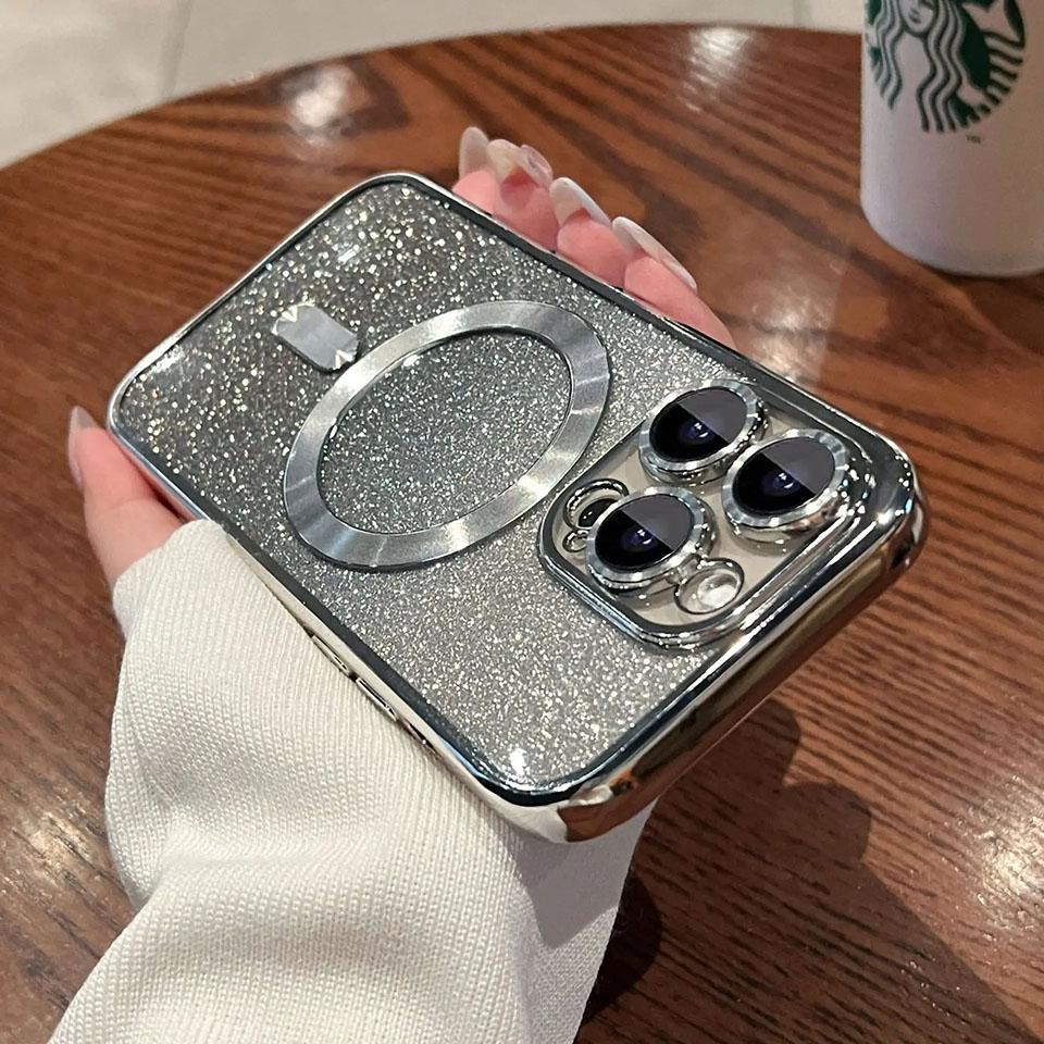 Woman Luxury Plating Glitter Case For Magsafe For iPhone 15 13 11 12 14 Pro Max Plus Accessories Magnetic Wireless Charge Cover