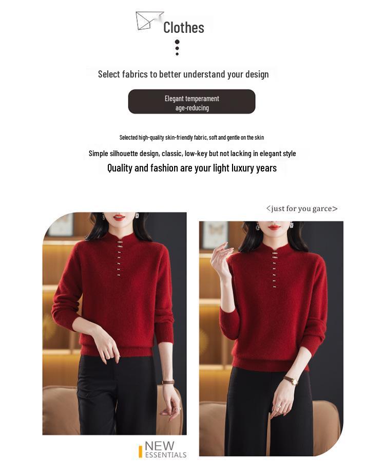 Women's Red Chinese-Style Thick Wool Sweater for Autumn/Winter