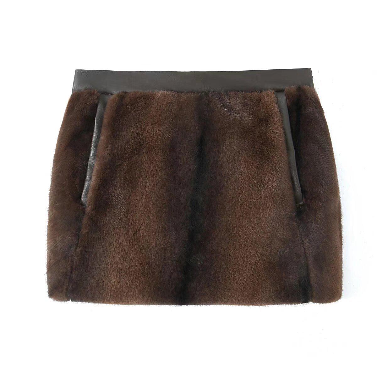 

2025 Spring Retro Slim Fit High-Waist Faux Fur Effect Wrap Skirt for Women Medium