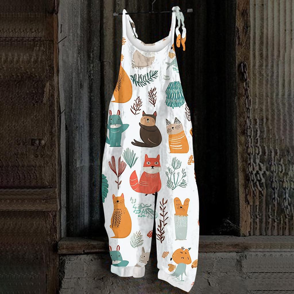 Kombinezon damski z nadrukiem świątecznym, swobodny, luźny, vintage, na ramiączkach, bawełniany, lniany