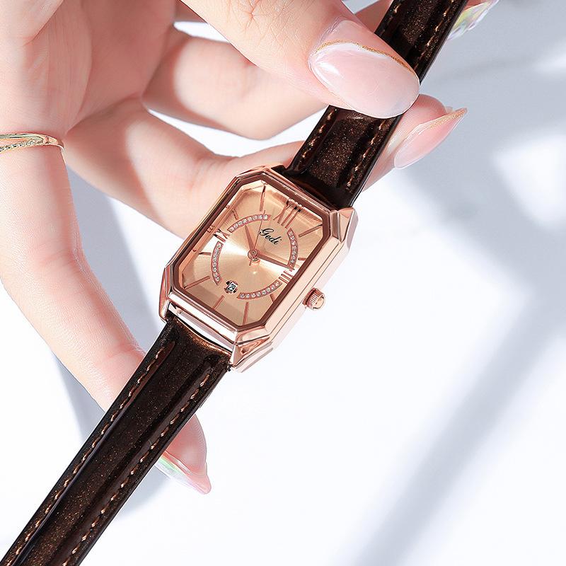 Small Square Plate Women'S Watch Light Luxury Temperament Calendar Women'S Watch Fashion First Layer Cowhide Strap Women'S Watch