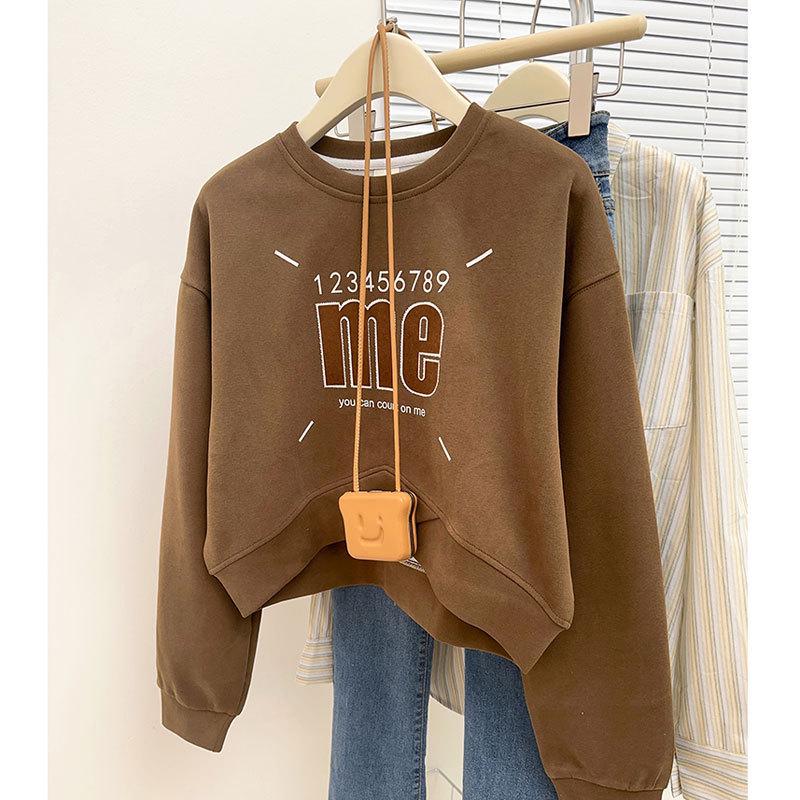 Large American Print Round Neck Pullover: Belly-Covering, Casual, Versatile Long Sleeve Cropped Sweater
