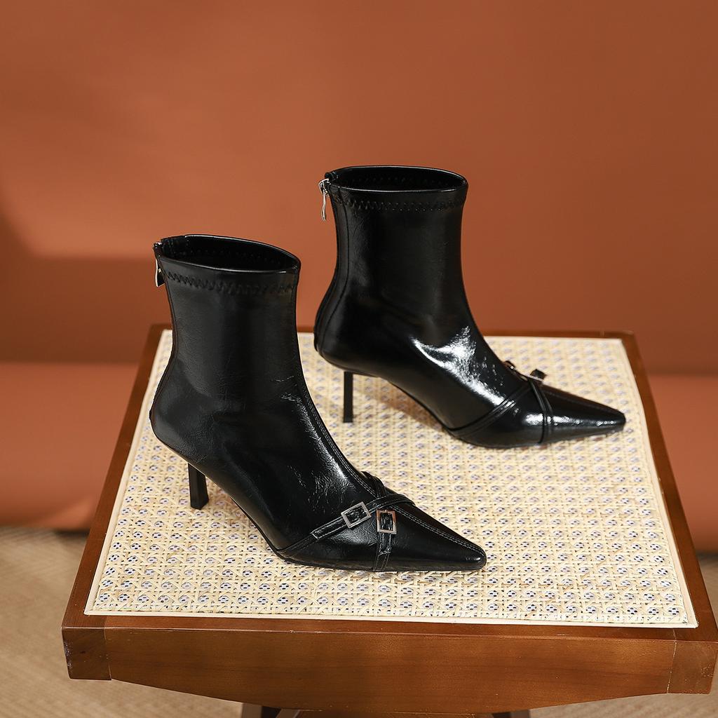 10086-2 Fashion Skinny Leg Boots Pointed Glossy High Heel Short Boots Autumn New Belt Buckle Skinny Heel Short Women's Boots