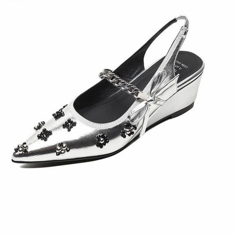 Fashion FHC 2024 New Wedges High Heeled Sandals,Women Summer Shoes,Back Hollow Out,Front Metal Chain,Pointed Toe,Black,Silver,Dropship